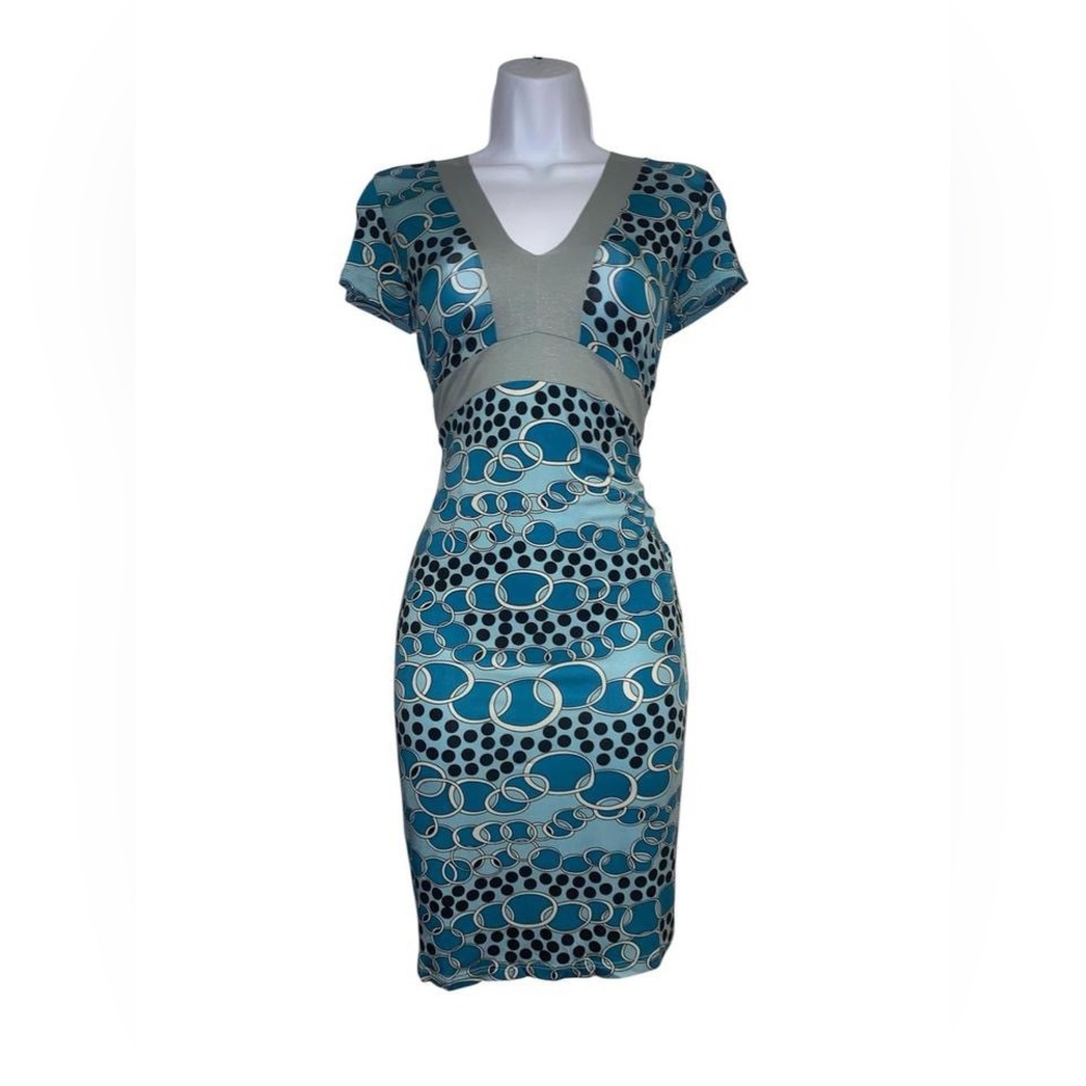 Custo Barcelona blue patterned polka dot short sleeve v neck mini/midi dress